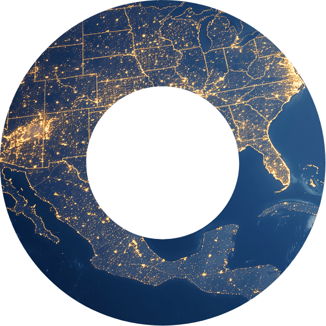 A graphic showing the overhead view of the United States and its electrical grid with an "O" overlaid on top